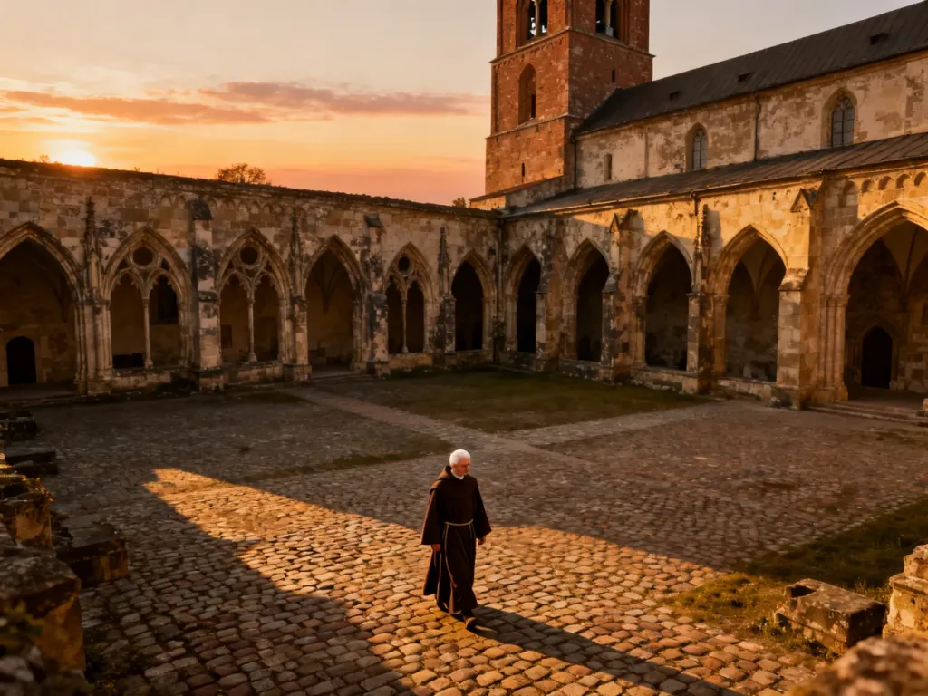 Mnich w historycznym habicie przechadza się po dziedzińcu średniowiecznego klasztoru w blasku zachodzącego słońca.