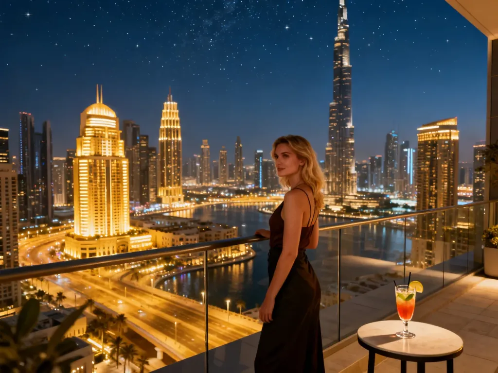 Kobieta podziwiająca nocną panoramę Dubaju z balkonu luksusowego apartamentu przy drinku.