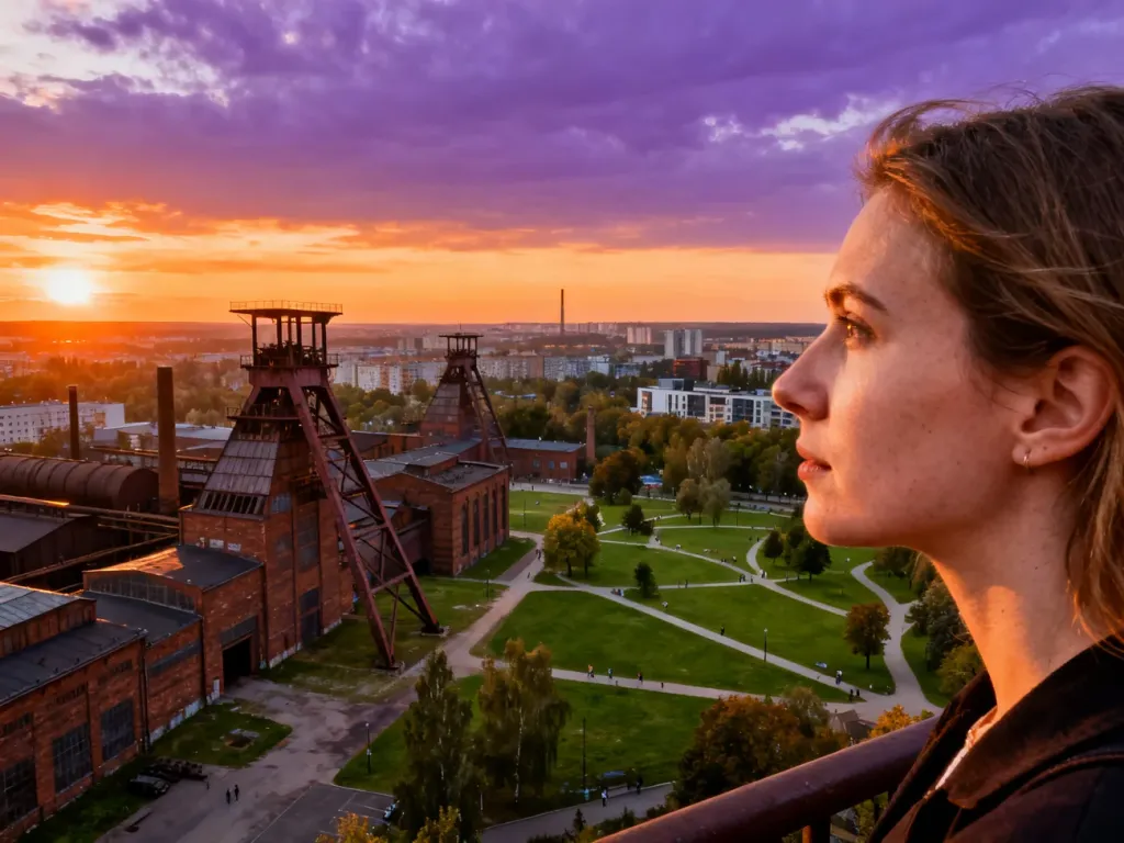 Kobieta podziwiająca panoramę śląskiego krajobrazu z zabytkowymi szybami kopalnianymi i parkami w świetle zachodzącego słońca.