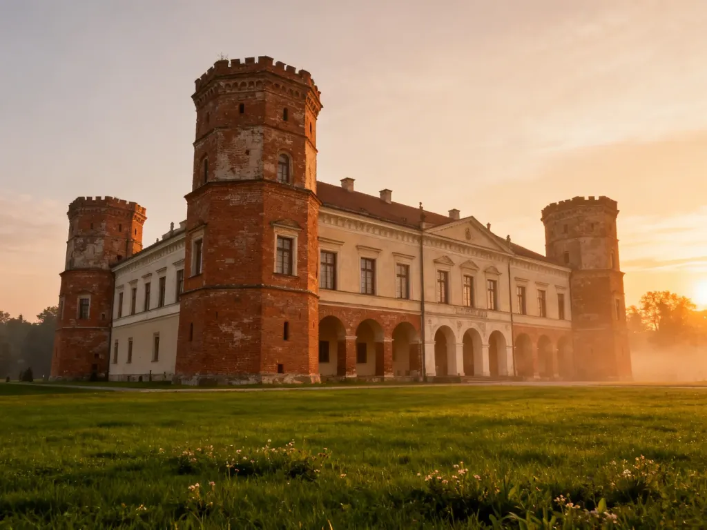 Majestatyczny zamek w Janowie Podlaskim o zachodzie słońca, otoczony zadbanym ogrodem. Historyczna architektura w złotym świetle.