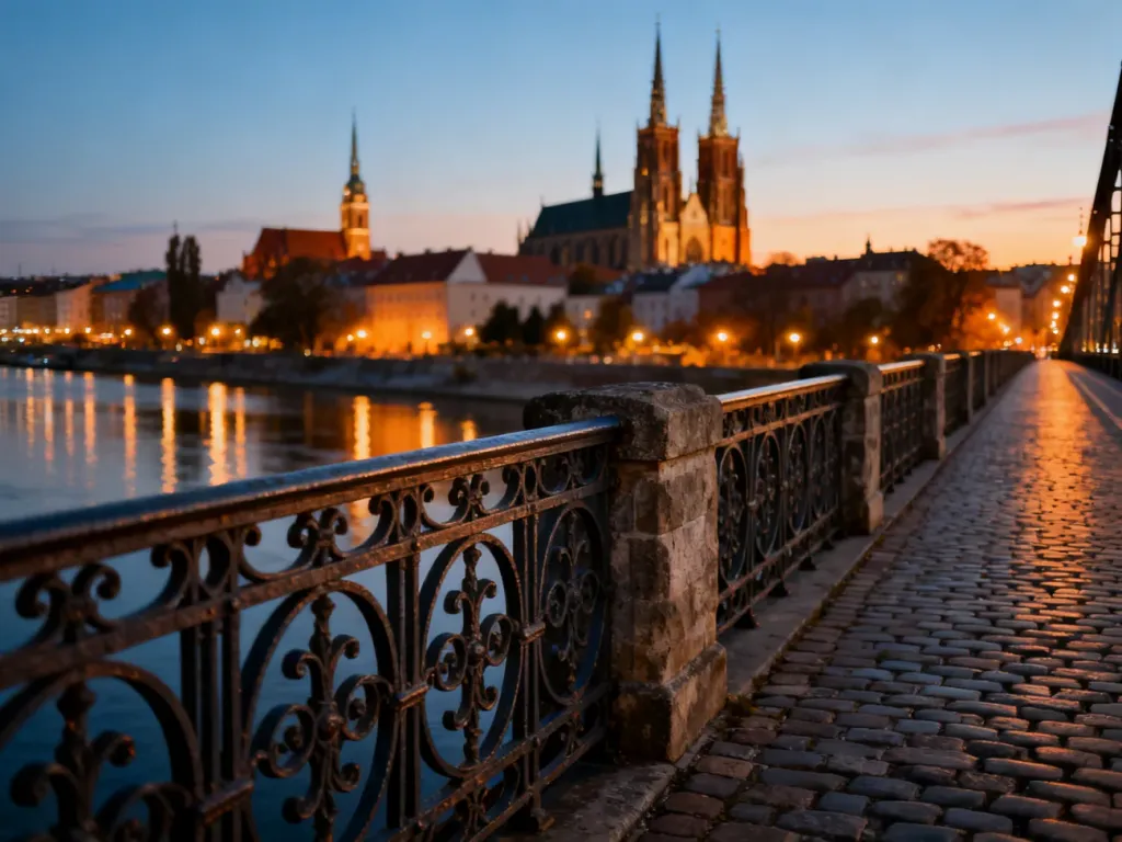 Zabytkowy kamienny most nad Odrą we Wrocławiu o zachodzie słońca z widokiem na gotyckie wieże katedry.