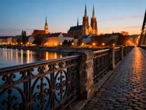 Kobieta podziwiająca panoramę śląskiego krajobrazu z zabytkowymi szybami kopalnianymi i parkami w świetle zachodzącego słońca.