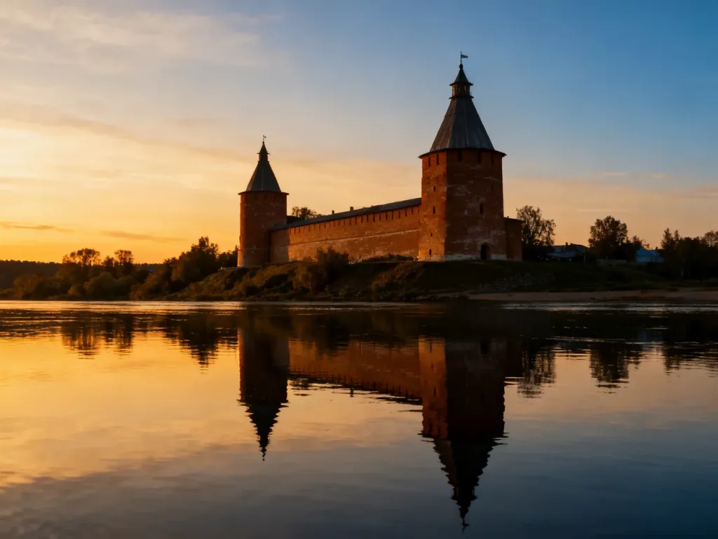 Zabytkowy klasztor paulinów nad brzegiem Prosny w blasku zachodzącego słońca, odbijający się w spokojnej tafli rzeki.