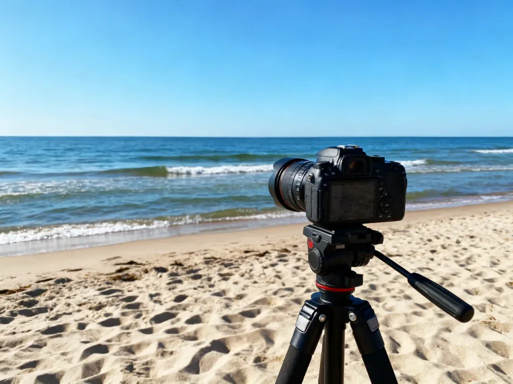 Kamera na statywie skierowana na słoneczną, piaszczystą plażę i spokojne morze w miejscowości Chłopy.