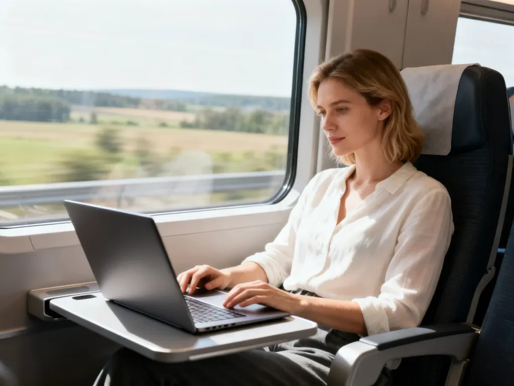 Wnętrze pociągu EIP z wygodnym fotelem, stolikiem i pasażerką pracującą przy laptopie na tle przesuwającego się krajobrazu.